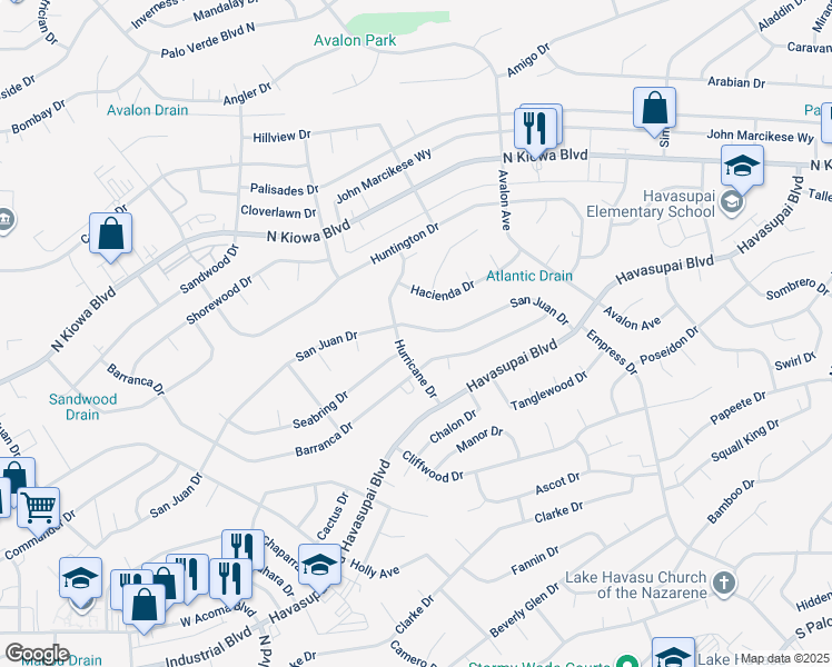 map of restaurants, bars, coffee shops, grocery stores, and more near 2450-2460 San Juan Drive in Lake Havasu City