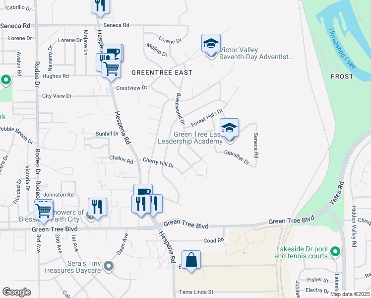 map of restaurants, bars, coffee shops, grocery stores, and more near 14016 Brentwood Drive in Victorville