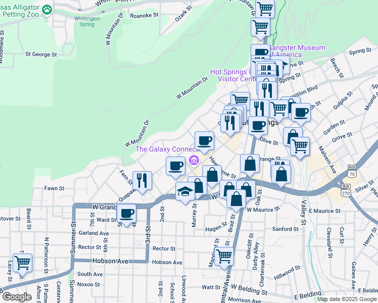 map of restaurants, bars, coffee shops, grocery stores, and more near 611 Quapaw Avenue in Hot Springs