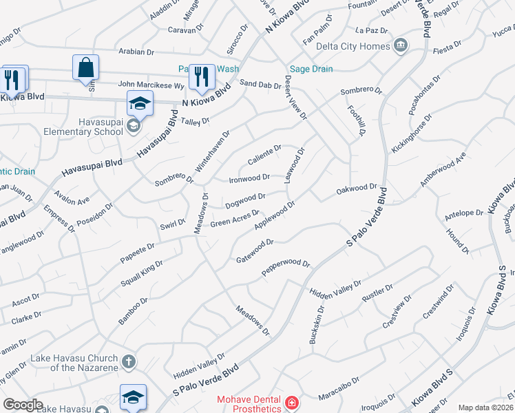 map of restaurants, bars, coffee shops, grocery stores, and more near 3040 Dogwood Drive in Lake Havasu City