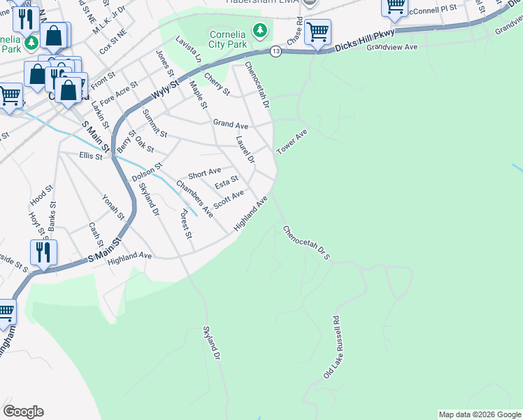 map of restaurants, bars, coffee shops, grocery stores, and more near 760 Highland Avenue in Cornelia