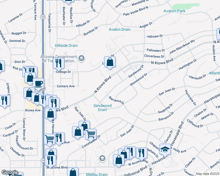 map of restaurants, bars, coffee shops, grocery stores, and more near 2151 Sandwood Drive in Lake Havasu City