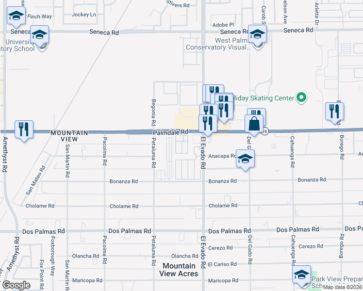 map of restaurants, bars, coffee shops, grocery stores, and more near 14000 El Evado Road in Victorville