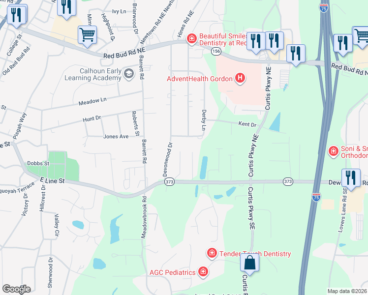 map of restaurants, bars, coffee shops, grocery stores, and more near 123 Garden Lake Drive in Calhoun