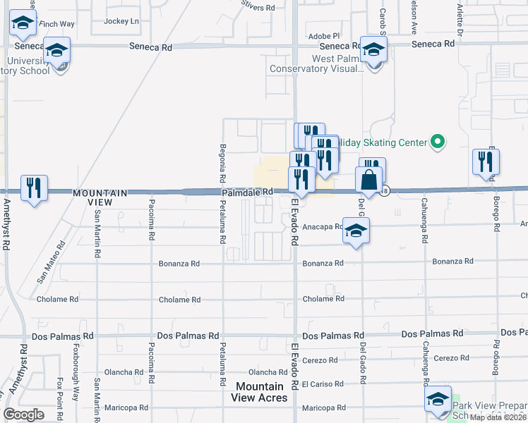 map of restaurants, bars, coffee shops, grocery stores, and more near 14000 El Evado Road in Victorville