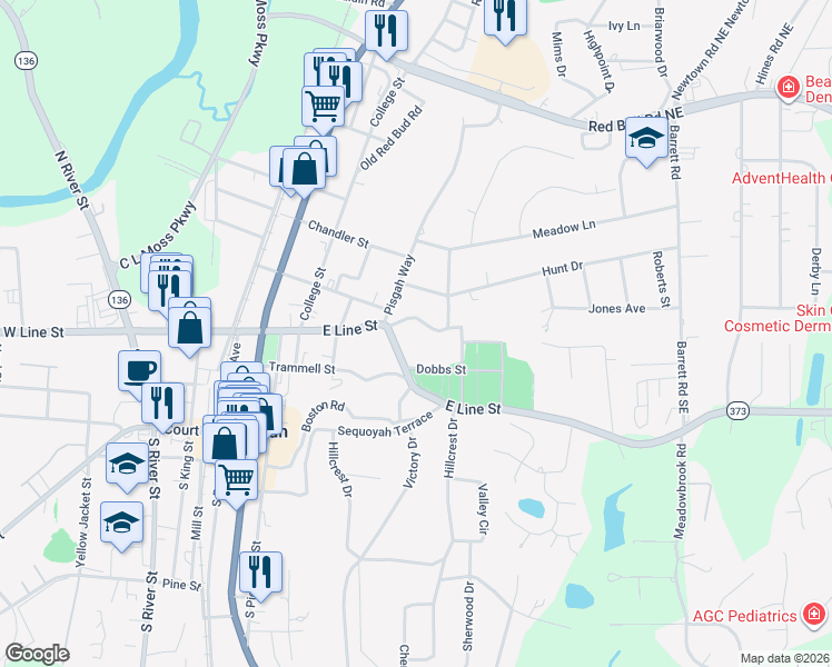 map of restaurants, bars, coffee shops, grocery stores, and more near 421 Boulevard Heights in Calhoun