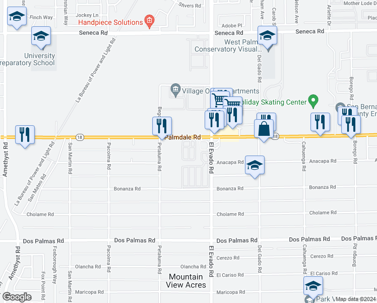 map of restaurants, bars, coffee shops, grocery stores, and more near 14411 Palmdale Road in Victorville
