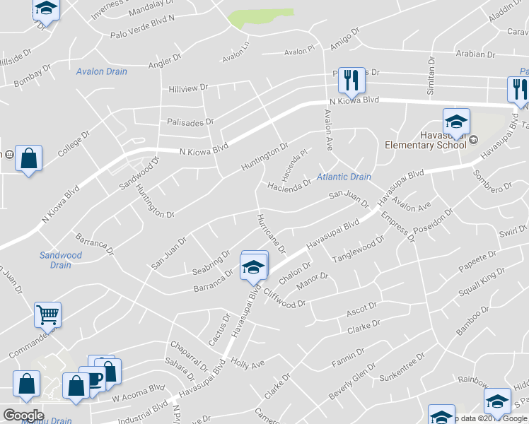 map of restaurants, bars, coffee shops, grocery stores, and more near 2460 San Juan Drive in Lake Havasu City