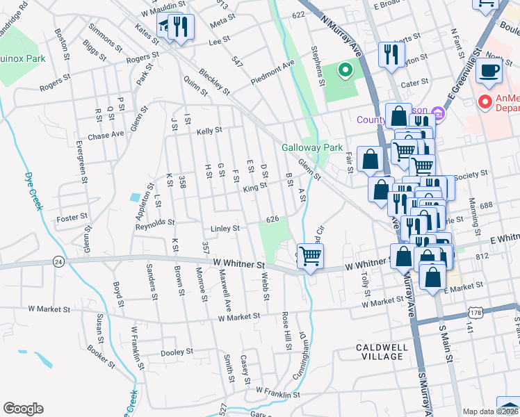 map of restaurants, bars, coffee shops, grocery stores, and more near 210 E Street in Anderson