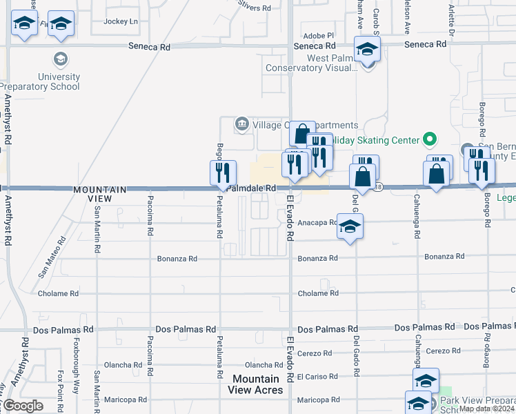 map of restaurants, bars, coffee shops, grocery stores, and more near 14411 Palmdale Road in Victorville