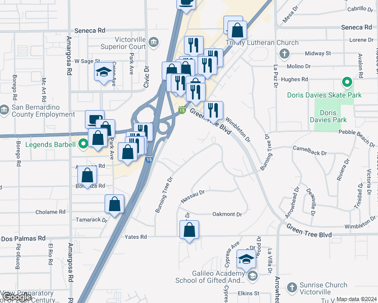 map of restaurants, bars, coffee shops, grocery stores, and more near Iron Rock Place in Victorville