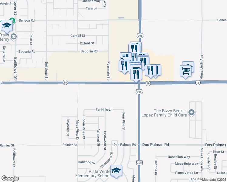 map of restaurants, bars, coffee shops, grocery stores, and more near 11967 Palmdale Road in Adelanto