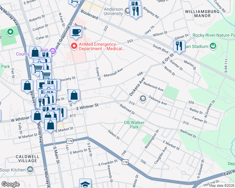 map of restaurants, bars, coffee shops, grocery stores, and more near 109 East View Avenue in Anderson