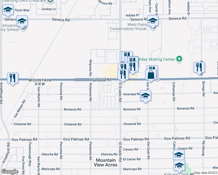 map of restaurants, bars, coffee shops, grocery stores, and more near 14411 Palmdale Road in Victorville