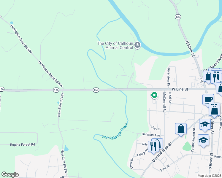 map of restaurants, bars, coffee shops, grocery stores, and more near 352 Roland Hayes Parkway Southwest in Calhoun