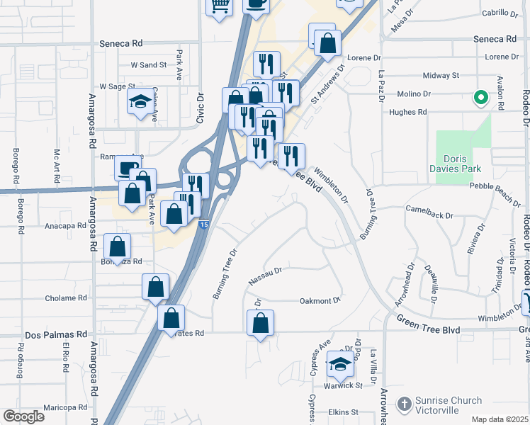 map of restaurants, bars, coffee shops, grocery stores, and more near Iron Rock Place in Victorville