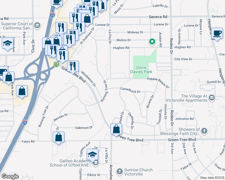 map of restaurants, bars, coffee shops, grocery stores, and more near 16111 Camelback Drive in Victorville