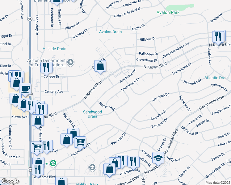 map of restaurants, bars, coffee shops, grocery stores, and more near 2201 Shorewood Drive in Lake Havasu City
