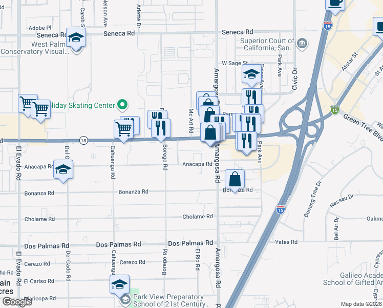 map of restaurants, bars, coffee shops, grocery stores, and more near 15164 Anacapa Road in Victorville