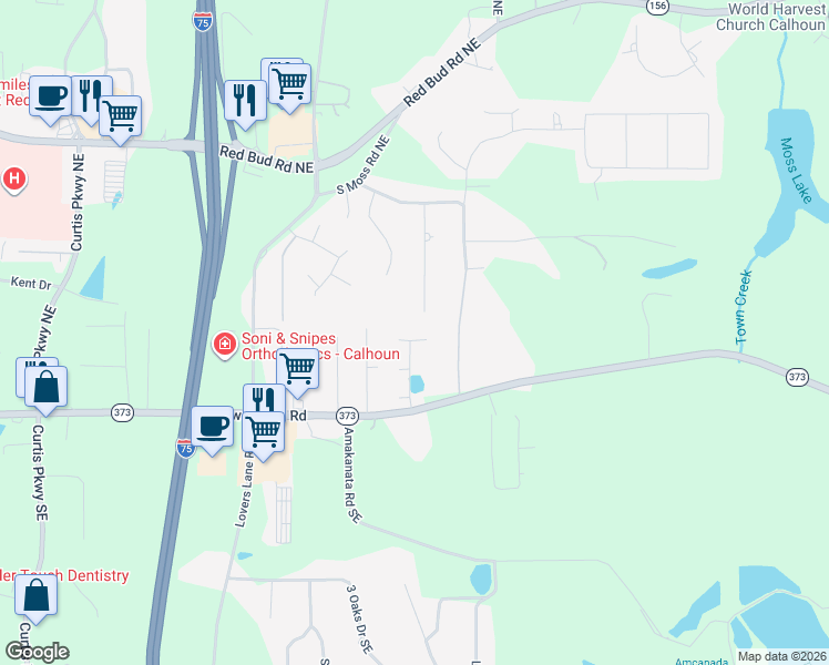 map of restaurants, bars, coffee shops, grocery stores, and more near 116 Summerfield Lane Northeast in Calhoun