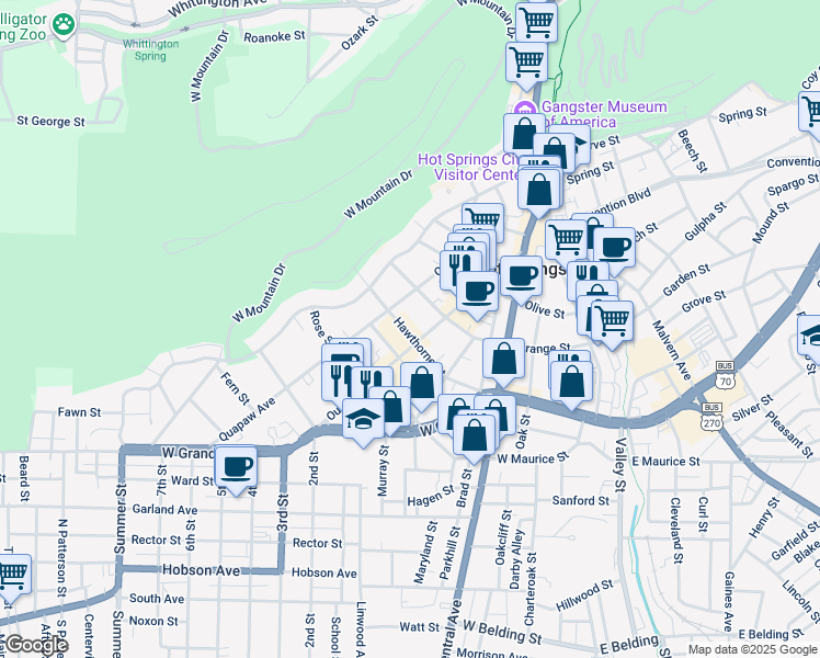 map of restaurants, bars, coffee shops, grocery stores, and more near in Hot Springs