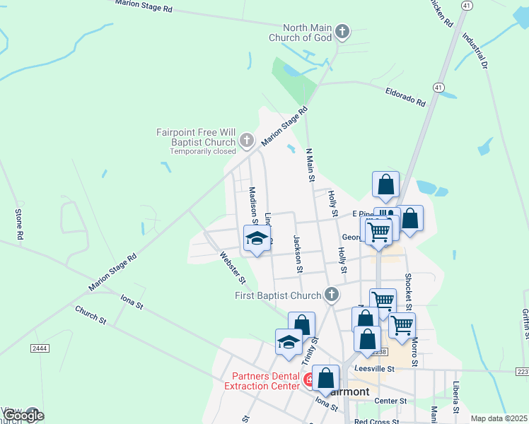 map of restaurants, bars, coffee shops, grocery stores, and more near 601 Linden Street in Fairmont