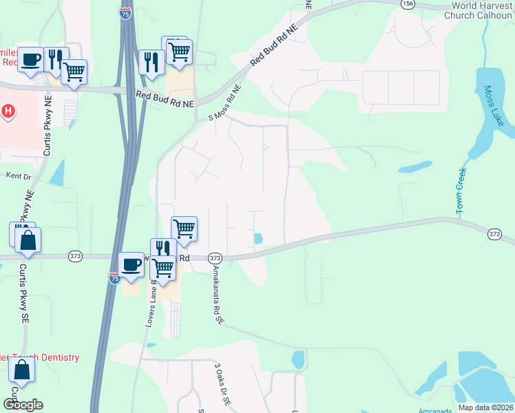 map of restaurants, bars, coffee shops, grocery stores, and more near 116 Summerfield Lane Northeast in Calhoun