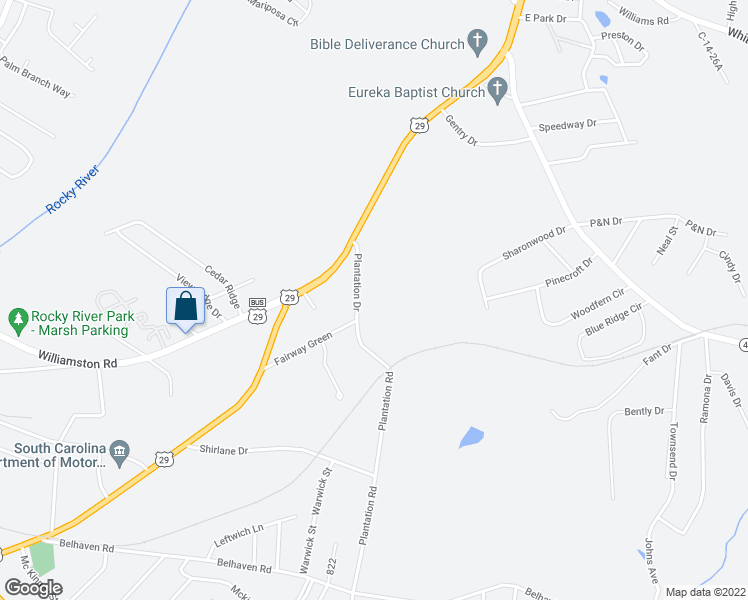 map of restaurants, bars, coffee shops, grocery stores, and more near Plantation Drive in Anderson