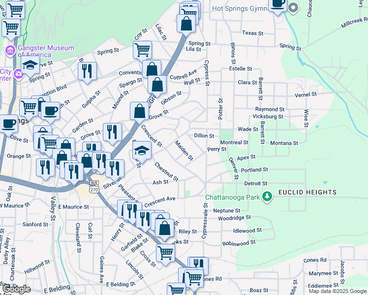 map of restaurants, bars, coffee shops, grocery stores, and more near 121 Maiden Street in Hot Springs