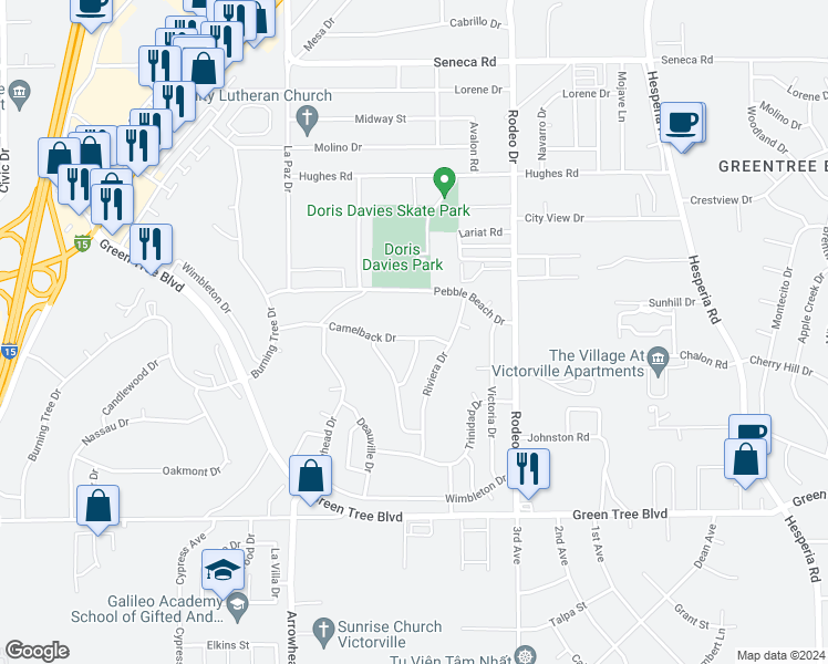 map of restaurants, bars, coffee shops, grocery stores, and more near 16294 Camelback Drive in Victorville