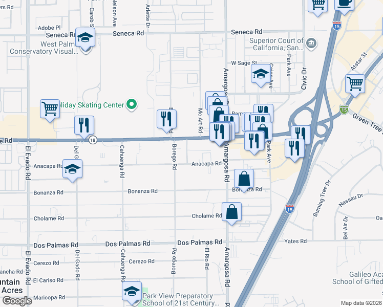 map of restaurants, bars, coffee shops, grocery stores, and more near 15164 Anacapa Road in Victorville
