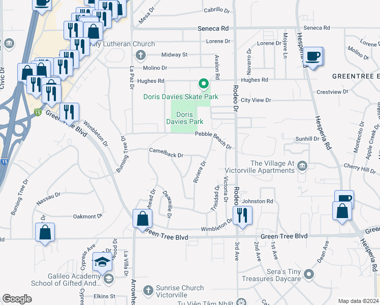 map of restaurants, bars, coffee shops, grocery stores, and more near 16294 Camelback Drive in Victorville