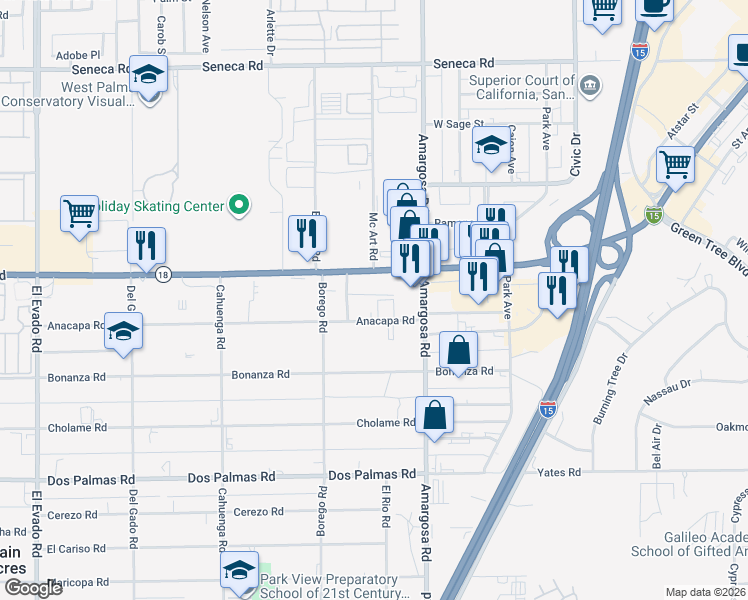 map of restaurants, bars, coffee shops, grocery stores, and more near 15164 Anacapa Road in Victorville