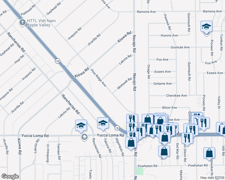 map of restaurants, bars, coffee shops, grocery stores, and more near 21538 Pine Ridge Avenue in Apple Valley