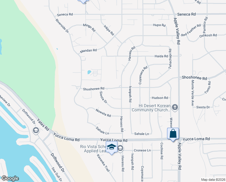 map of restaurants, bars, coffee shops, grocery stores, and more near 18875 Shoshonee Road in Apple Valley
