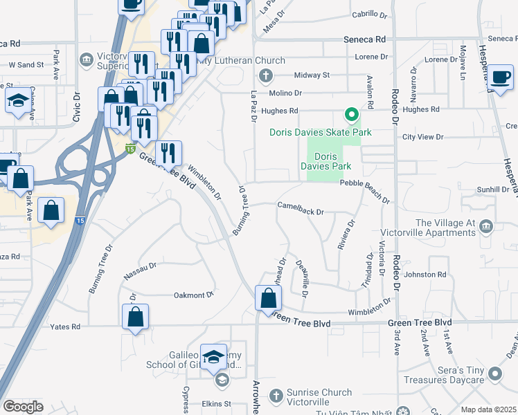 map of restaurants, bars, coffee shops, grocery stores, and more near 16111 Camelback Drive in Victorville