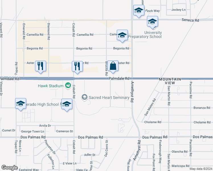 map of restaurants, bars, coffee shops, grocery stores, and more near Palmdale Road in Victorville