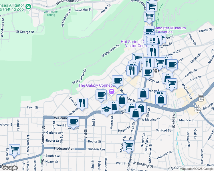 map of restaurants, bars, coffee shops, grocery stores, and more near 628 Quapaw Avenue in Hot Springs
