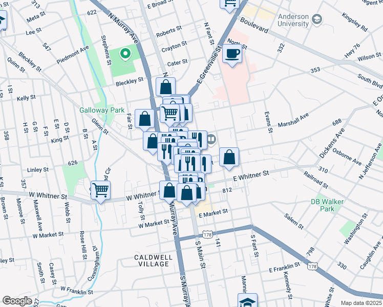 map of restaurants, bars, coffee shops, grocery stores, and more near 110 East Sharpe Street in Anderson