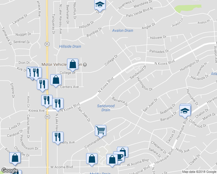 map of restaurants, bars, coffee shops, grocery stores, and more near 2100 North Kiowa Boulevard in Lake Havasu City