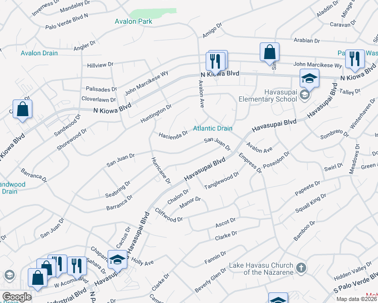 map of restaurants, bars, coffee shops, grocery stores, and more near 2552 San Juan Drive in Lake Havasu City