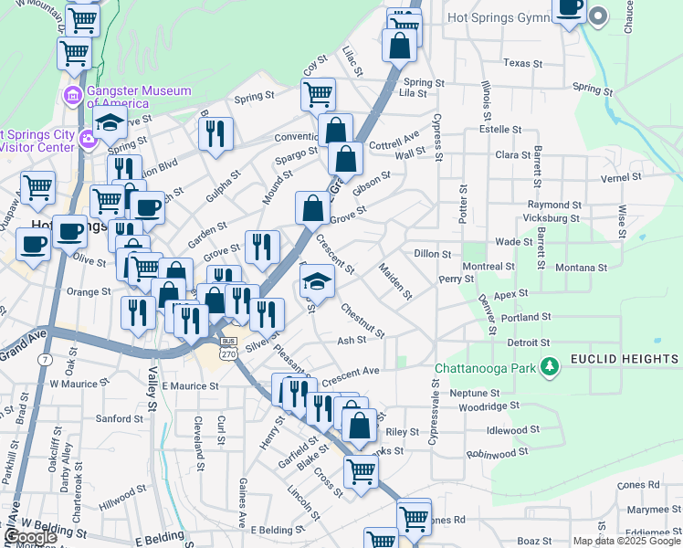 map of restaurants, bars, coffee shops, grocery stores, and more near 613 Crescent Avenue in Hot Springs