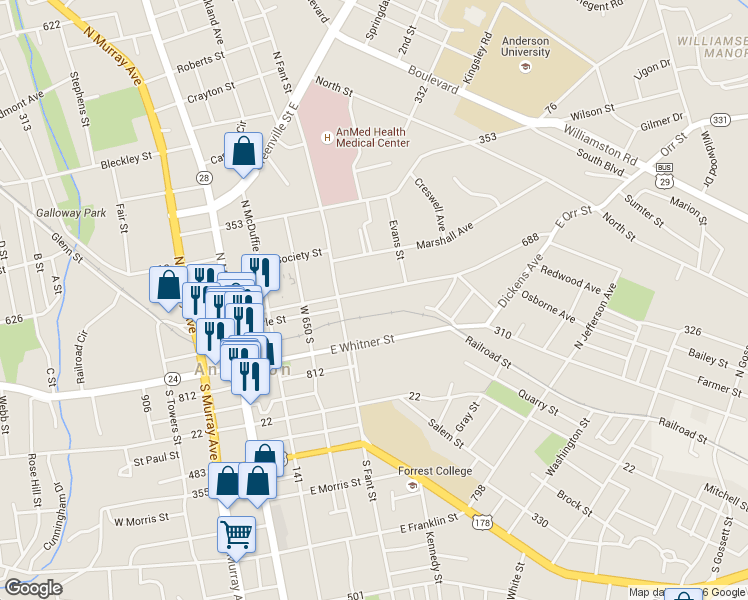 map of restaurants, bars, coffee shops, grocery stores, and more near 424 East Orr Street in Anderson