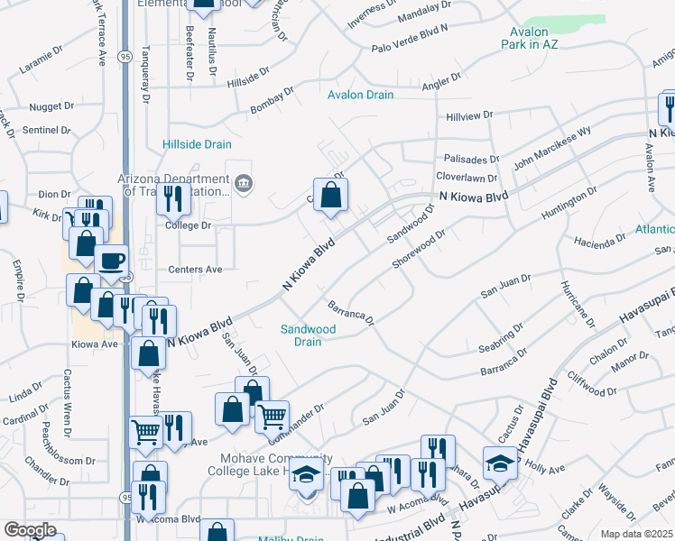 map of restaurants, bars, coffee shops, grocery stores, and more near 2151 Sandwood Drive in Lake Havasu City