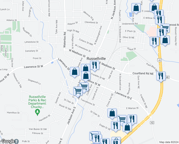 map of restaurants, bars, coffee shops, grocery stores, and more near 121 North Washington Avenue in Russellville