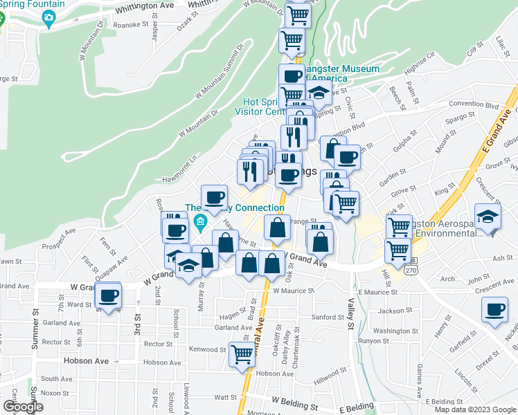 map of restaurants, bars, coffee shops, grocery stores, and more near 333 Ouachita Avenue in Hot Springs