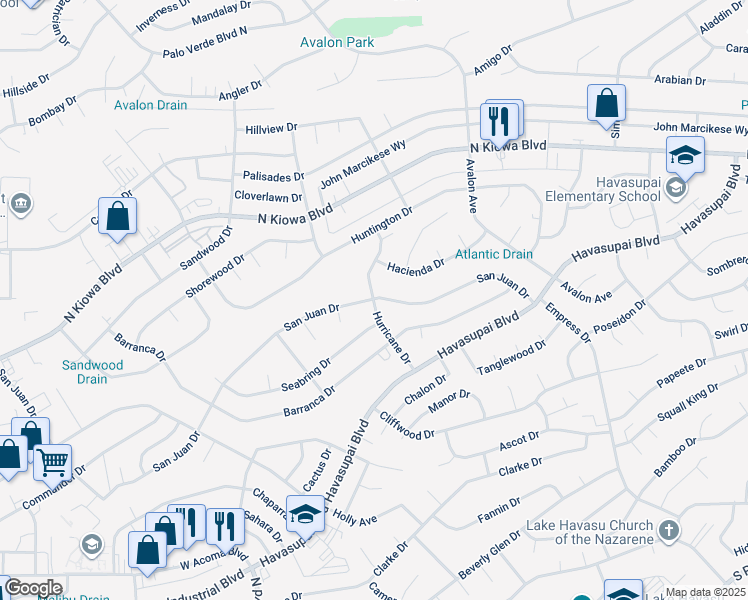 map of restaurants, bars, coffee shops, grocery stores, and more near 2450 San Juan Drive in Lake Havasu City