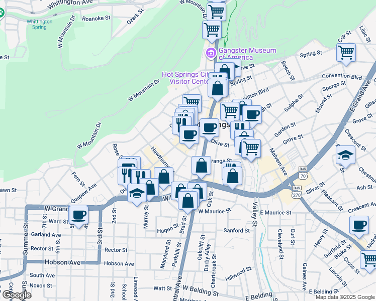 map of restaurants, bars, coffee shops, grocery stores, and more near 430 Orange Street in Hot Springs