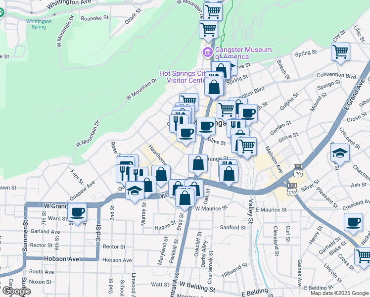 map of restaurants, bars, coffee shops, grocery stores, and more near 430 Orange Street in Hot Springs