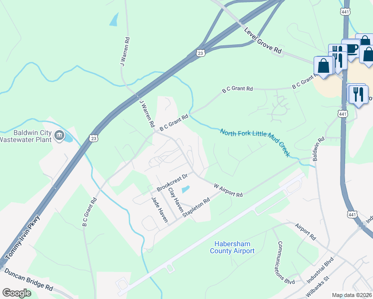 map of restaurants, bars, coffee shops, grocery stores, and more near 989 West Airport Road in Cornelia